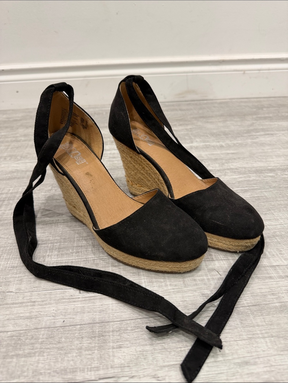 Black Suede Espadrille Wedge Sandals with Wraparound Ties